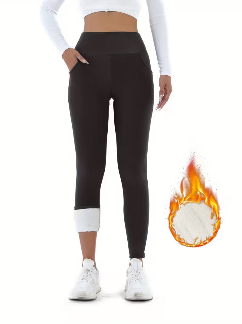 Dames Hoge‐Taille Fleece-Gevoerde Leggings met Zakken – Warm & Stijlvol voor Herfst & Winter
