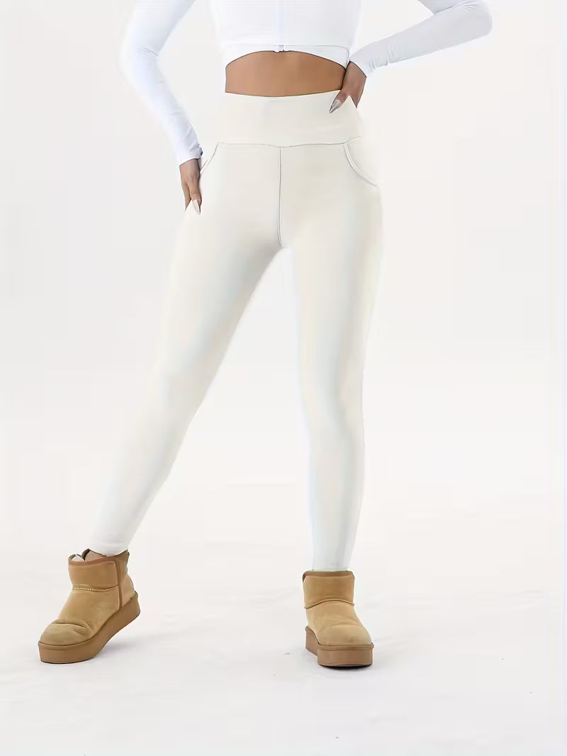 Dames Hoge‐Taille Fleece-Gevoerde Leggings met Zakken – Warm & Stijlvol voor Herfst & Winter